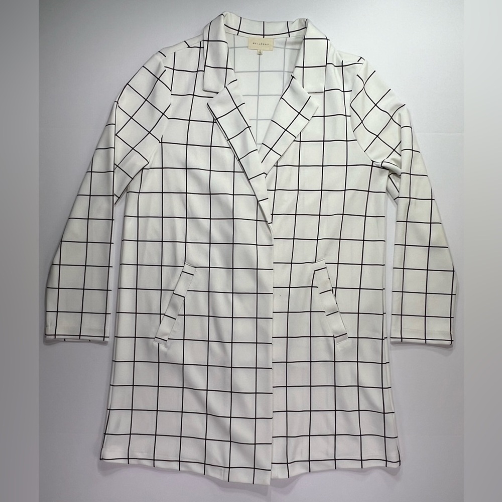 Melloday Open Front Windowpane Lightweight Blazer Jacket - white/black, L